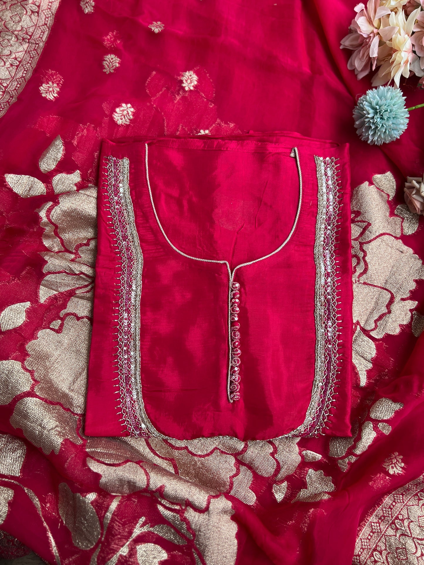U Neck Russian Silk Suit with Hand Embellished Neckline & Tisse Banarasi Dupatta