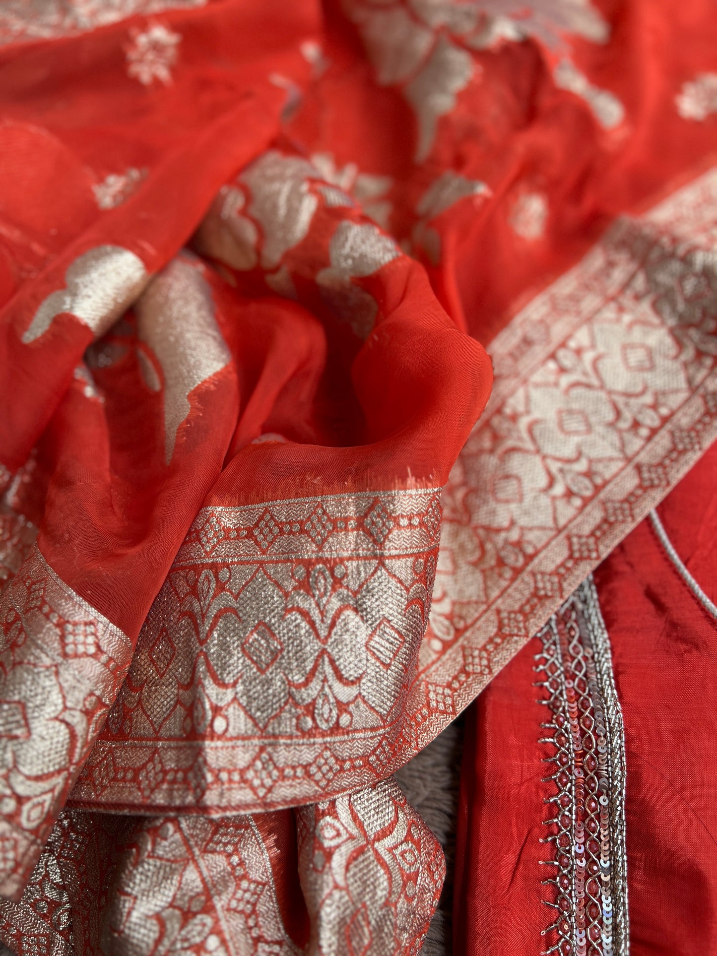 U Neck Russian Silk Suit with Hand Embellished Neckline & Tisse Banarasi Dupatta