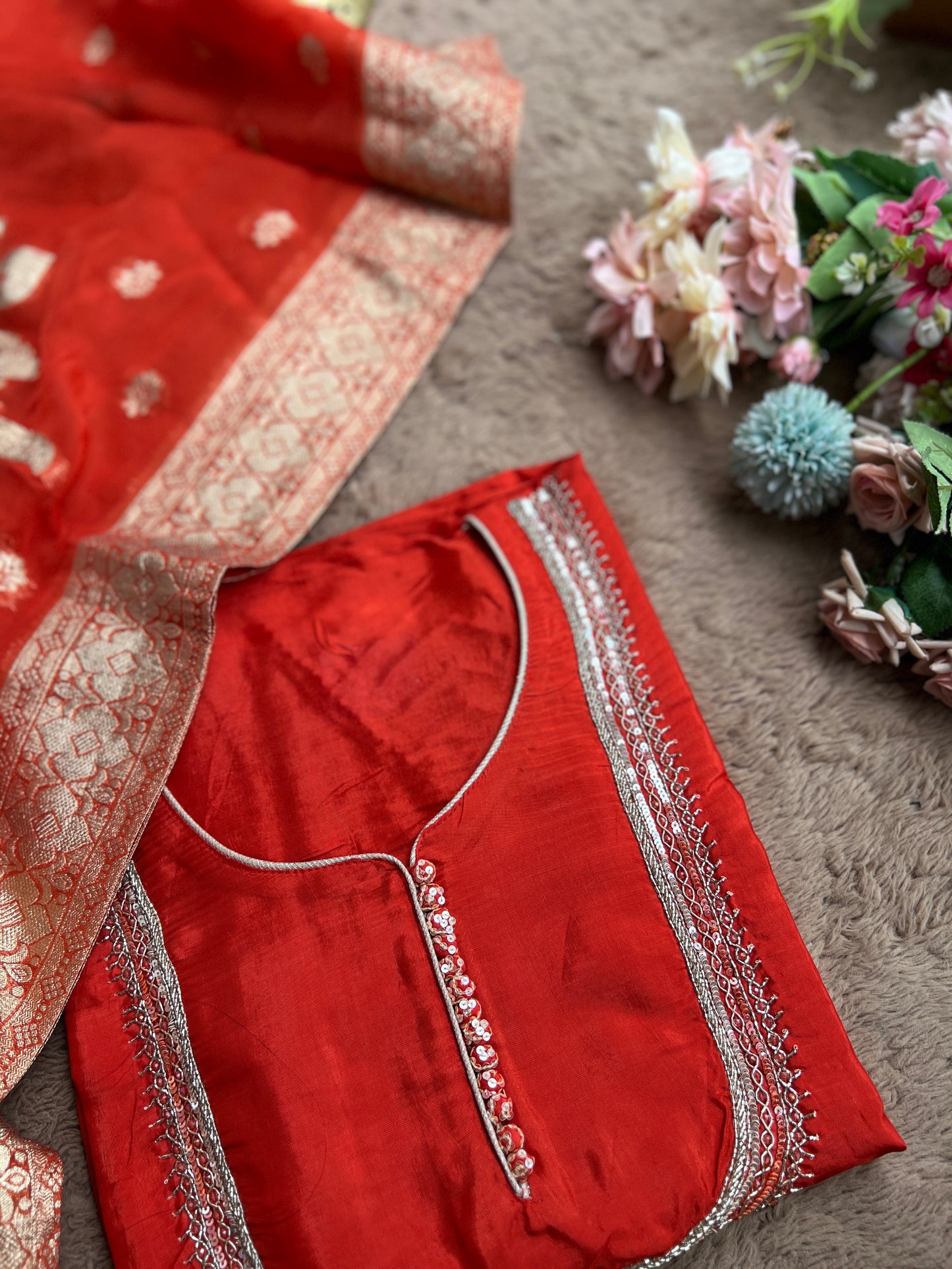 U Neck Russian Silk Suit with Hand Embellished Neckline & Tisse Banarasi Dupatta