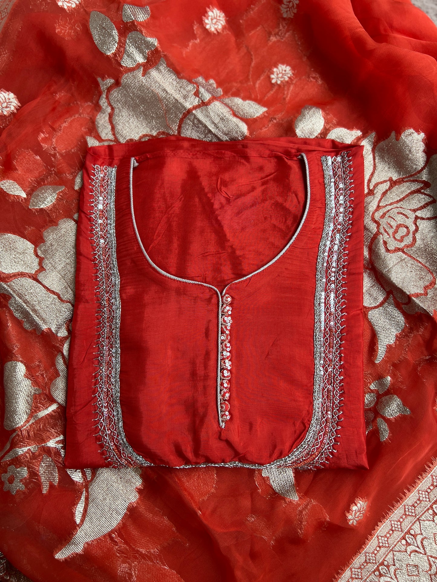 U Neck Russian Silk Suit with Hand Embellished Neckline & Tisse Banarasi Dupatta