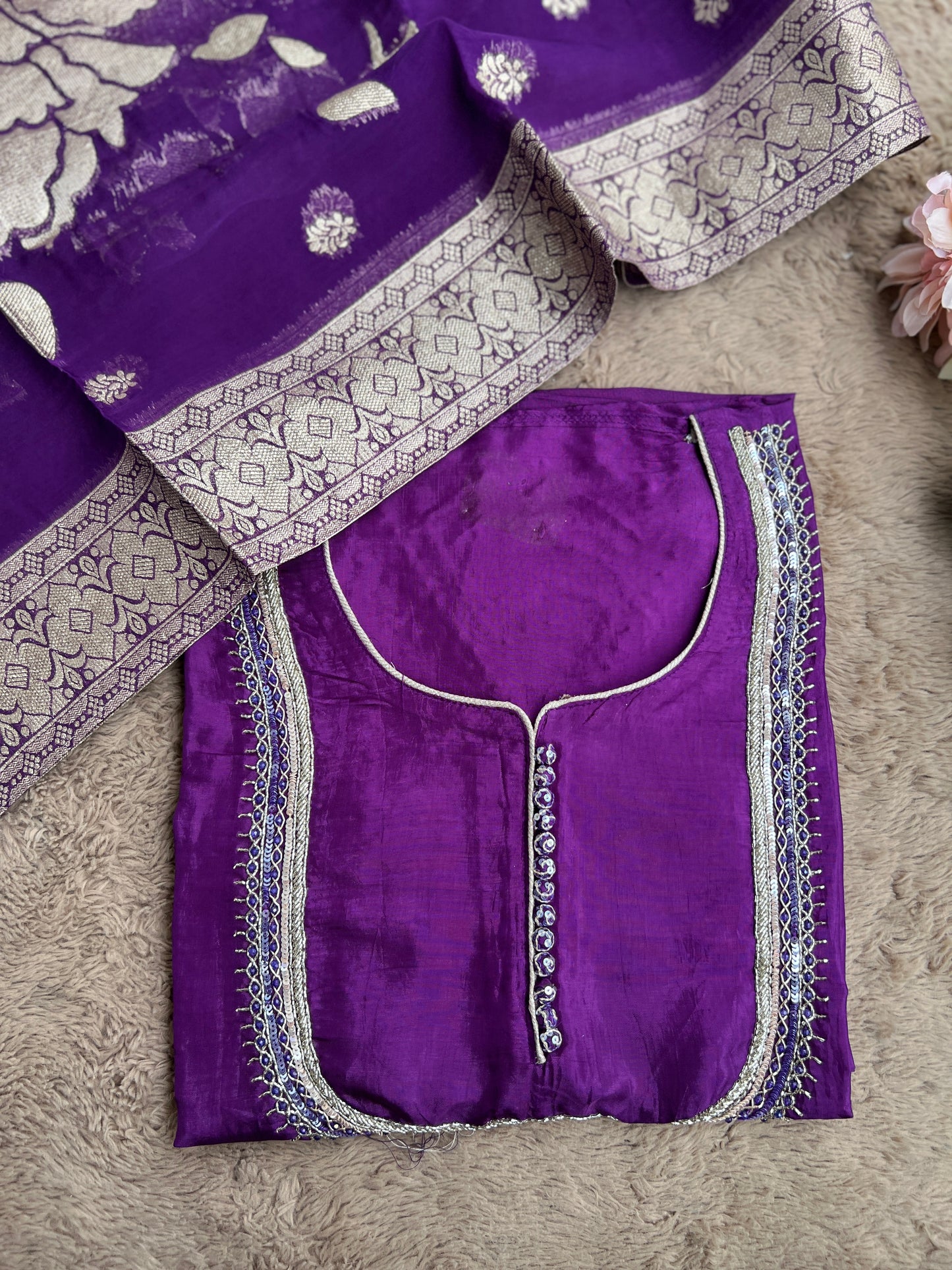 U Neck Russian Silk Suit with Hand Embellished Neckline & Tisse Banarasi Dupatta