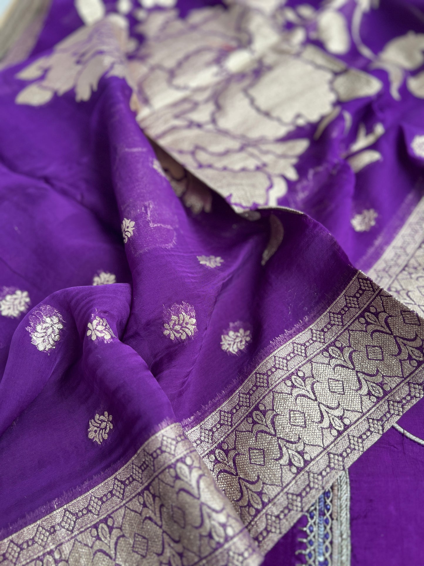U Neck Russian Silk Suit with Hand Embellished Neckline & Tisse Banarasi Dupatta