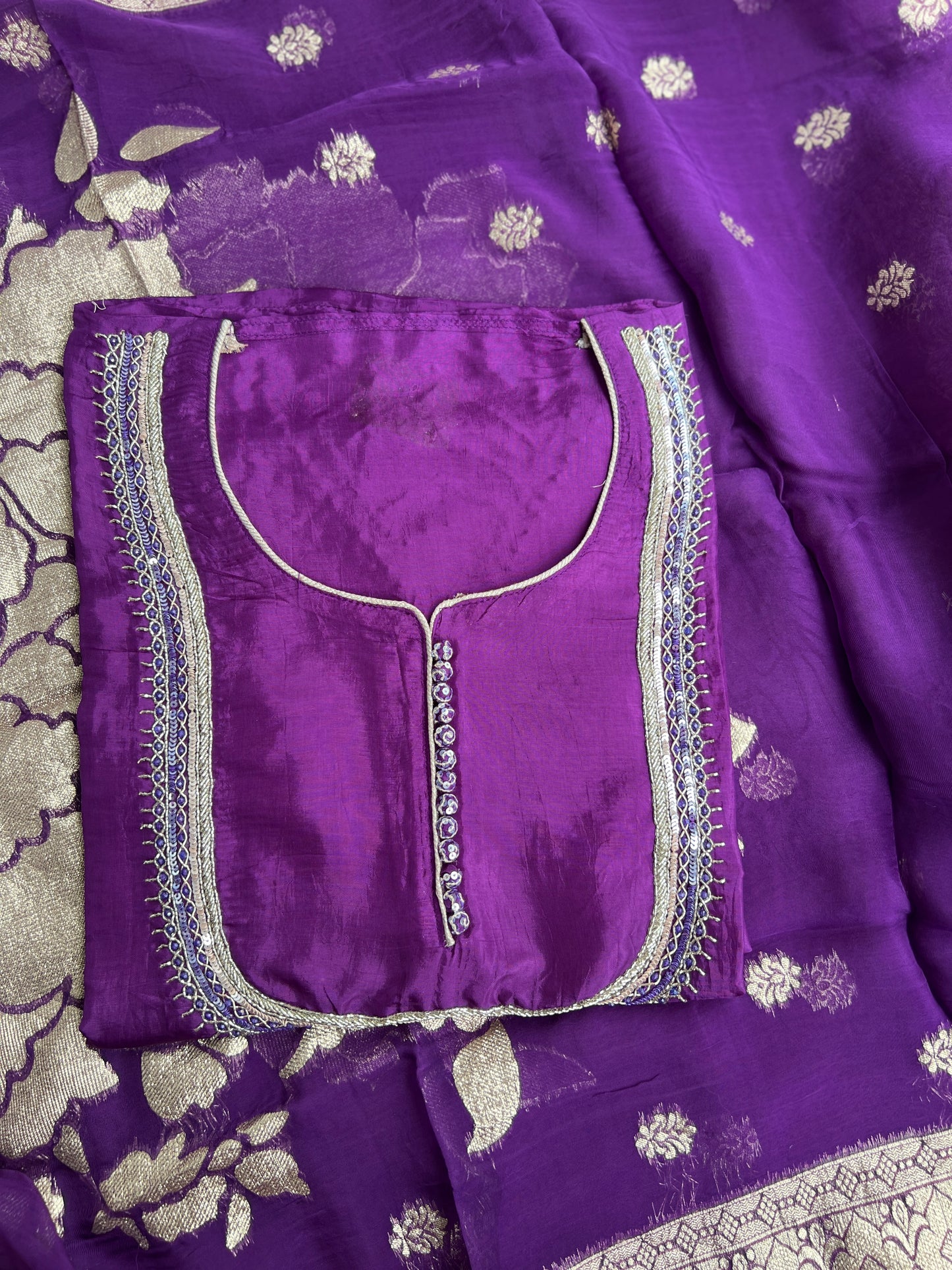 U Neck Russian Silk Suit with Hand Embellished Neckline & Tisse Banarasi Dupatta