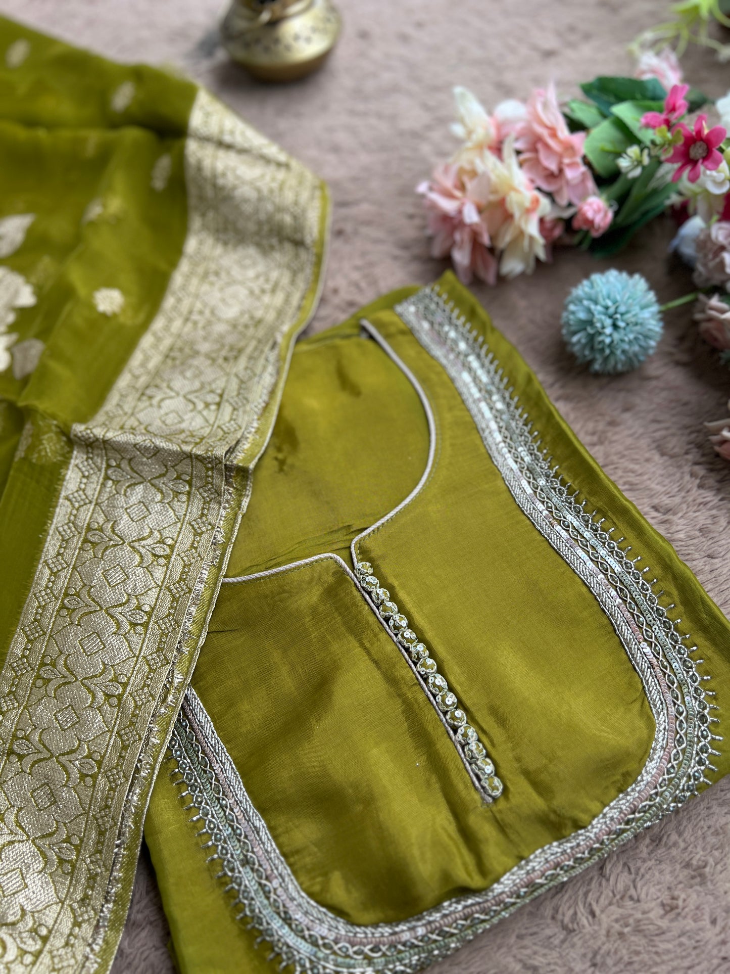 U Neck Russian Silk Suit with Hand Embellished Neckline & Tisse Banarasi Dupatta