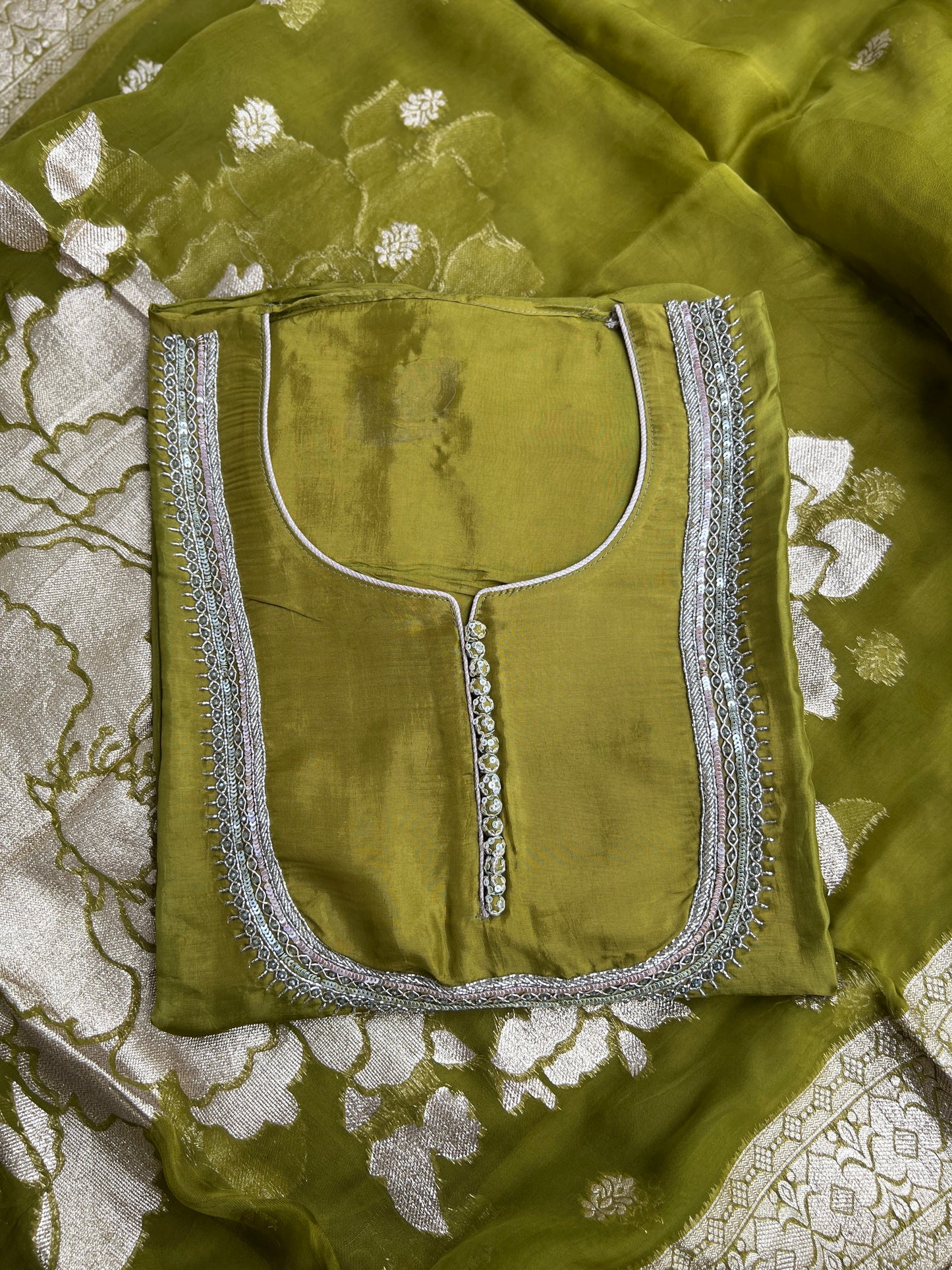 U Neck Russian Silk Suit with Hand Embellished Neckline & Tisse Banarasi Dupatta