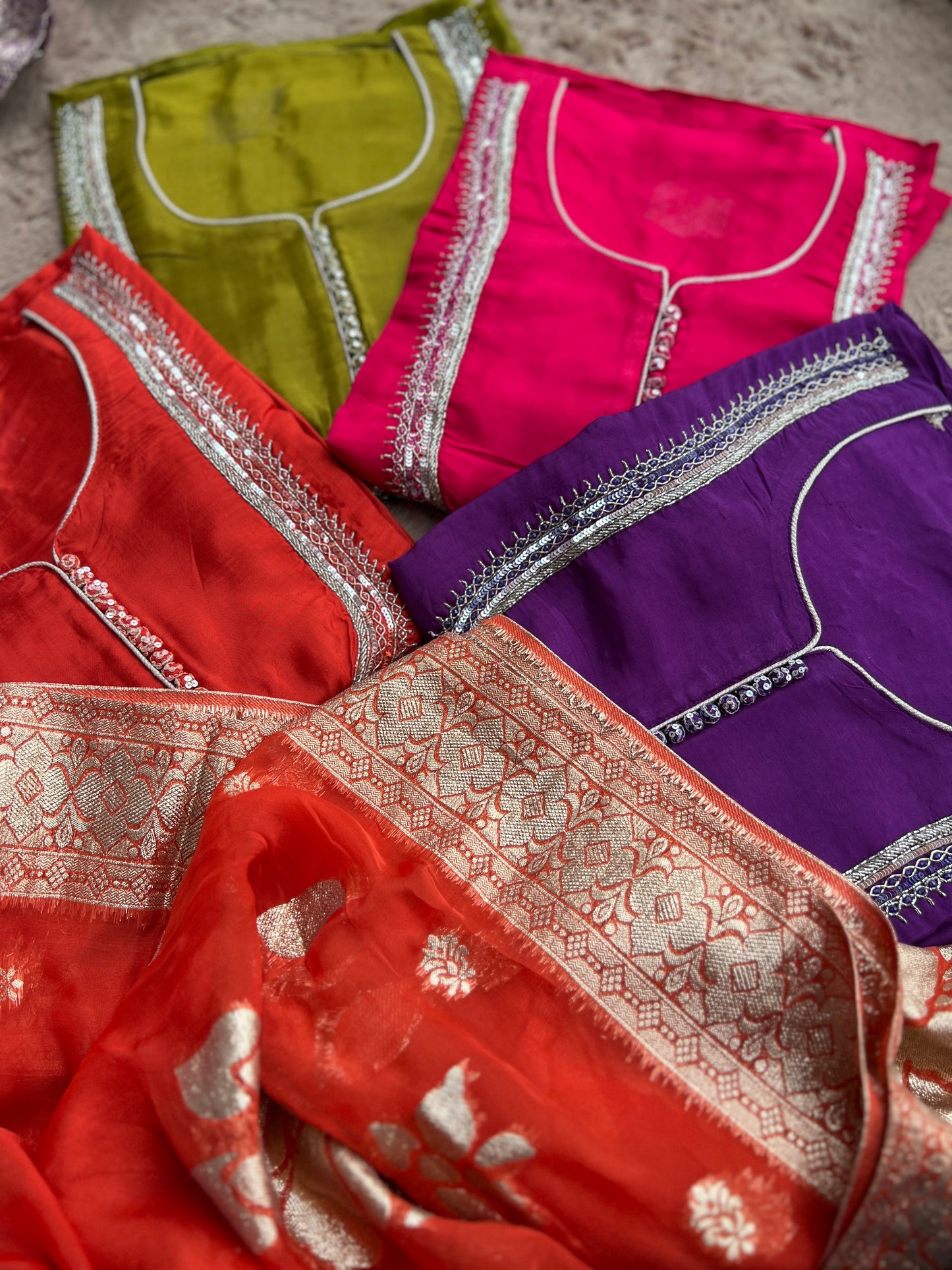 U Neck Russian Silk Suit with Hand Embellished Neckline & Tisse Banarasi Dupatta