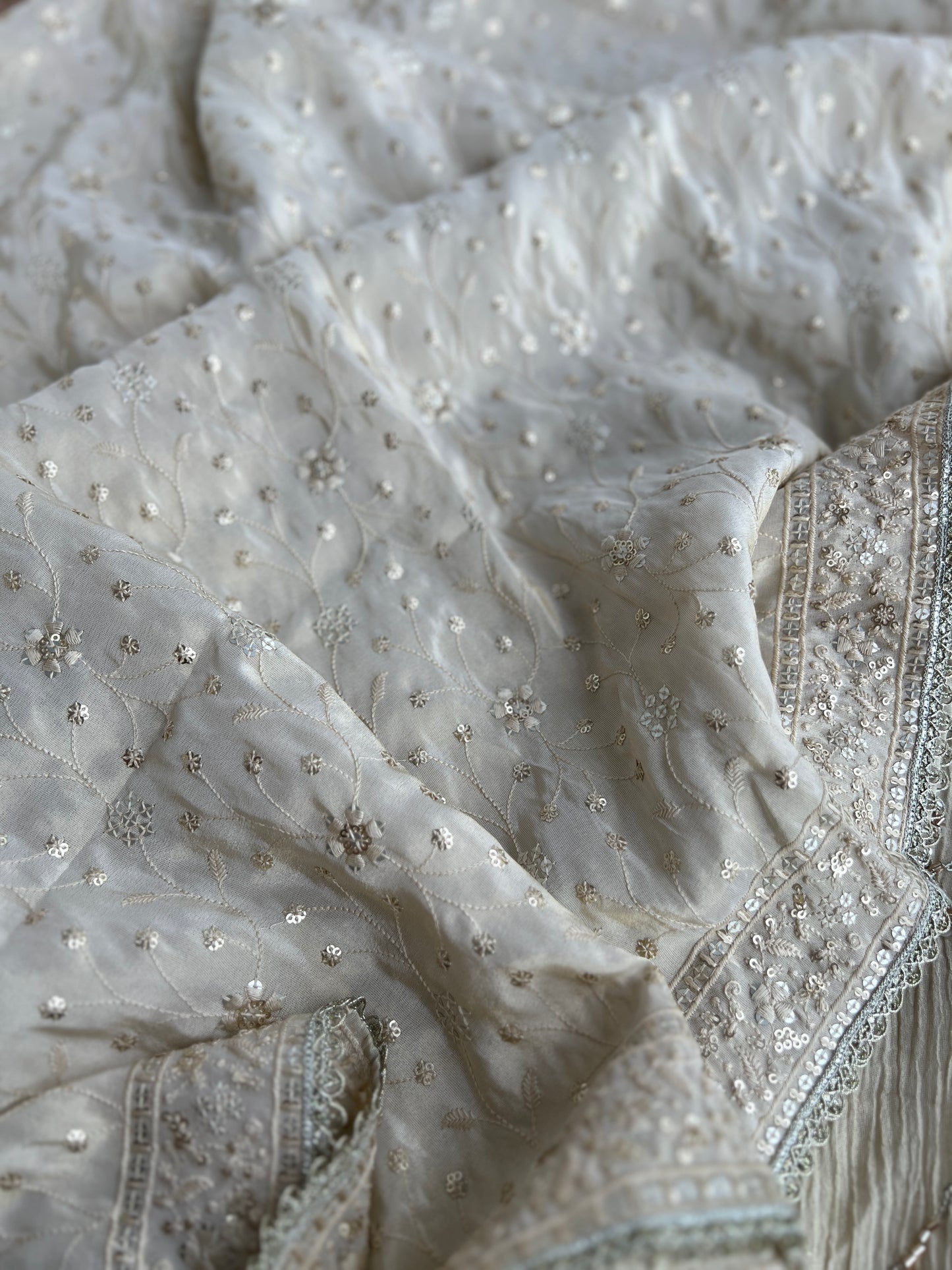 Premium Crushed Shimmer Silk Paired with Stunning Chikankari Detail