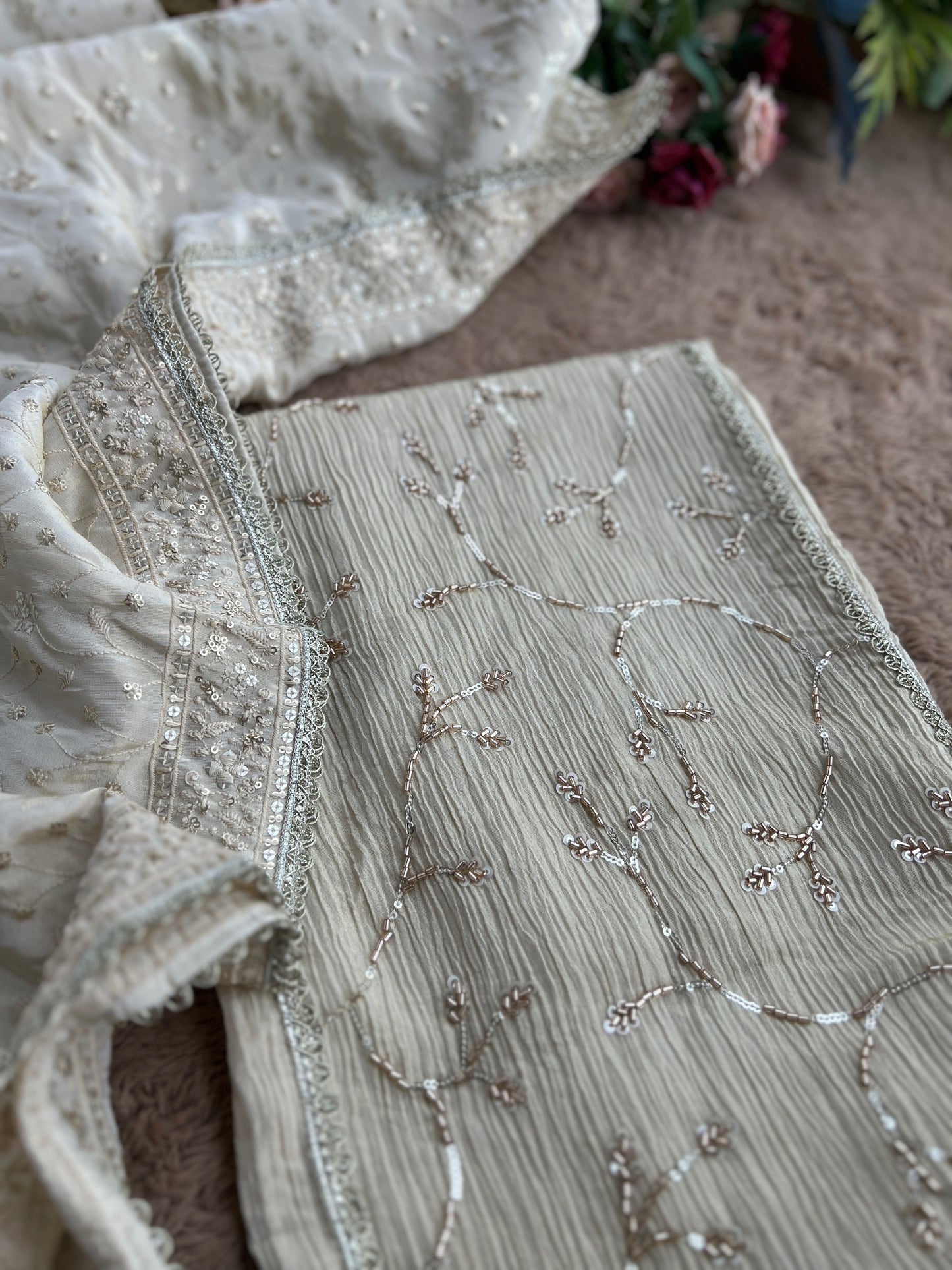 Premium Crushed Shimmer Silk Paired with Stunning Chikankari Detail