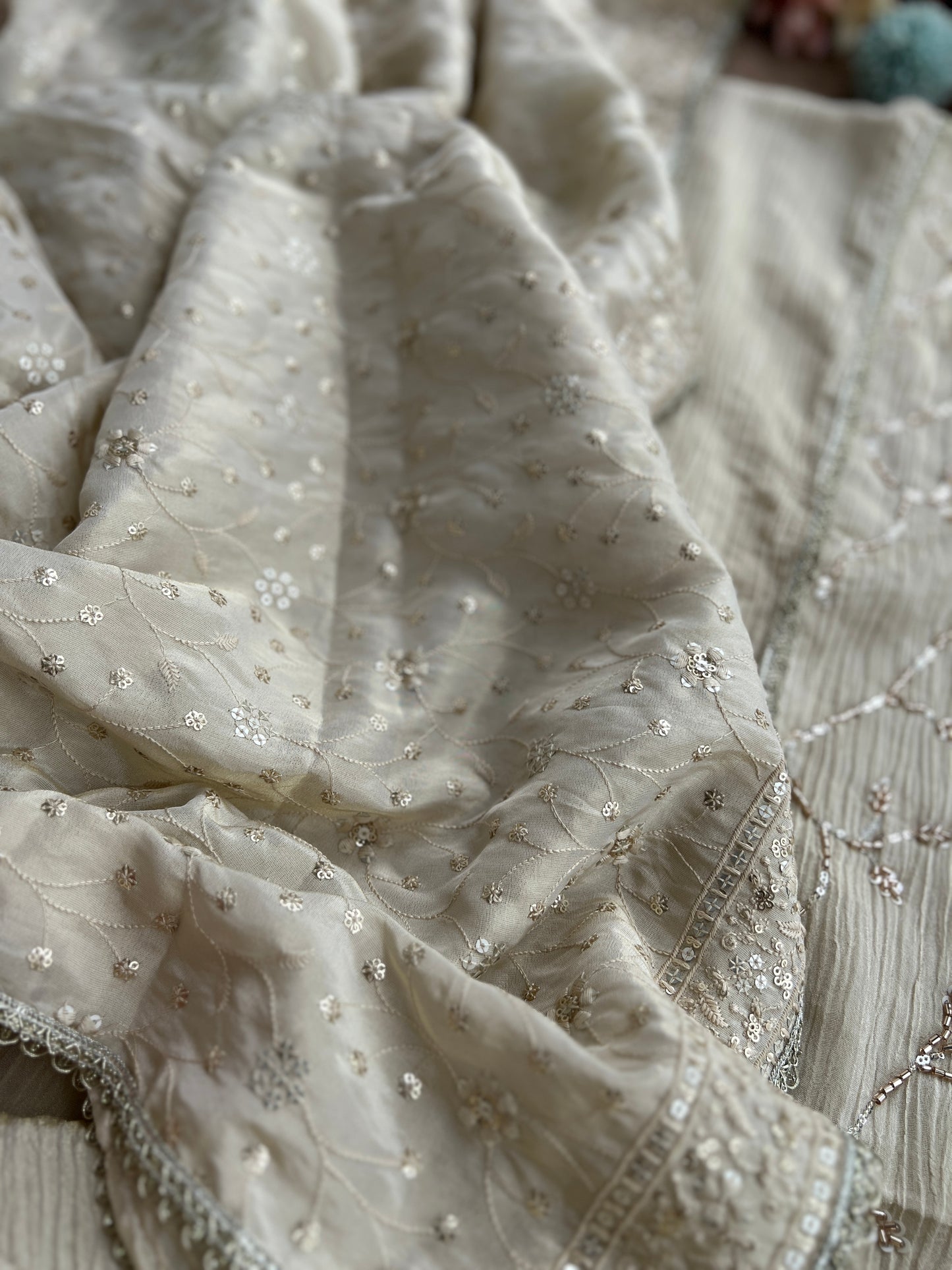 Premium Crushed Shimmer Silk Paired with Stunning Chikankari Detail