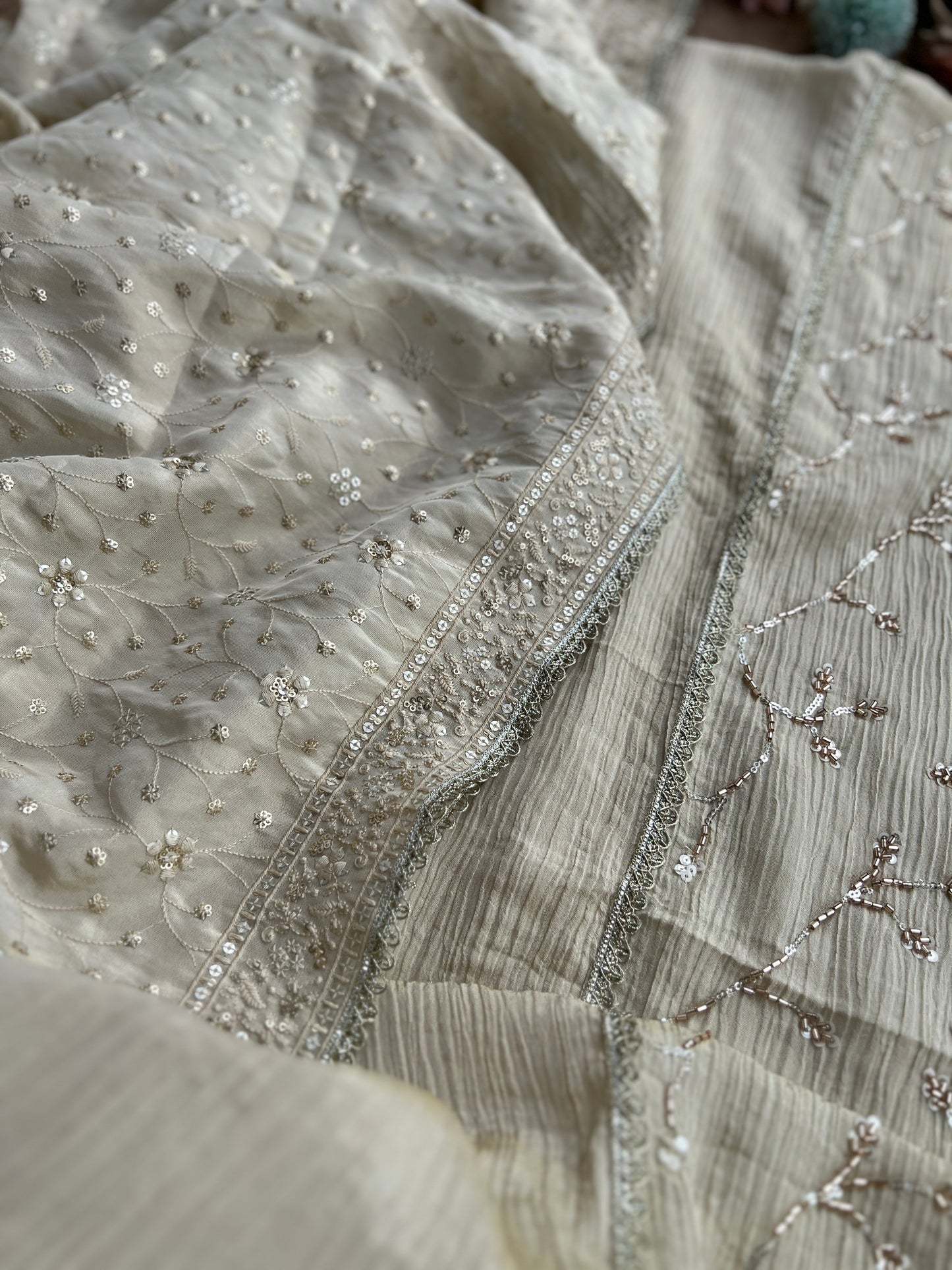 Premium Crushed Shimmer Silk Paired with Stunning Chikankari Detail
