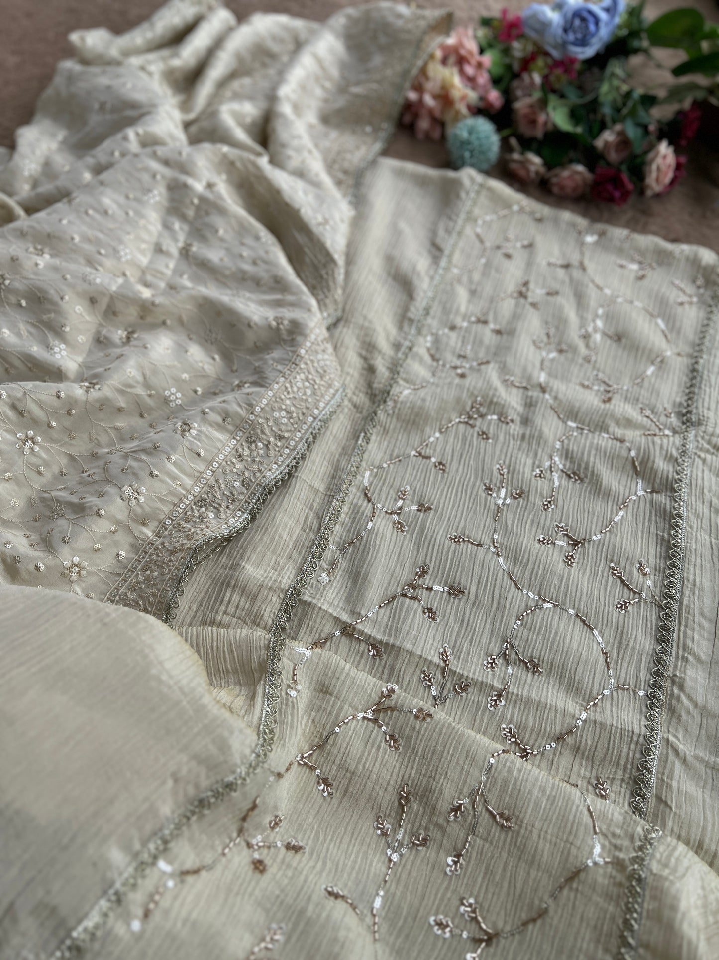 Premium Crushed Shimmer Silk Paired with Stunning Chikankari Detail