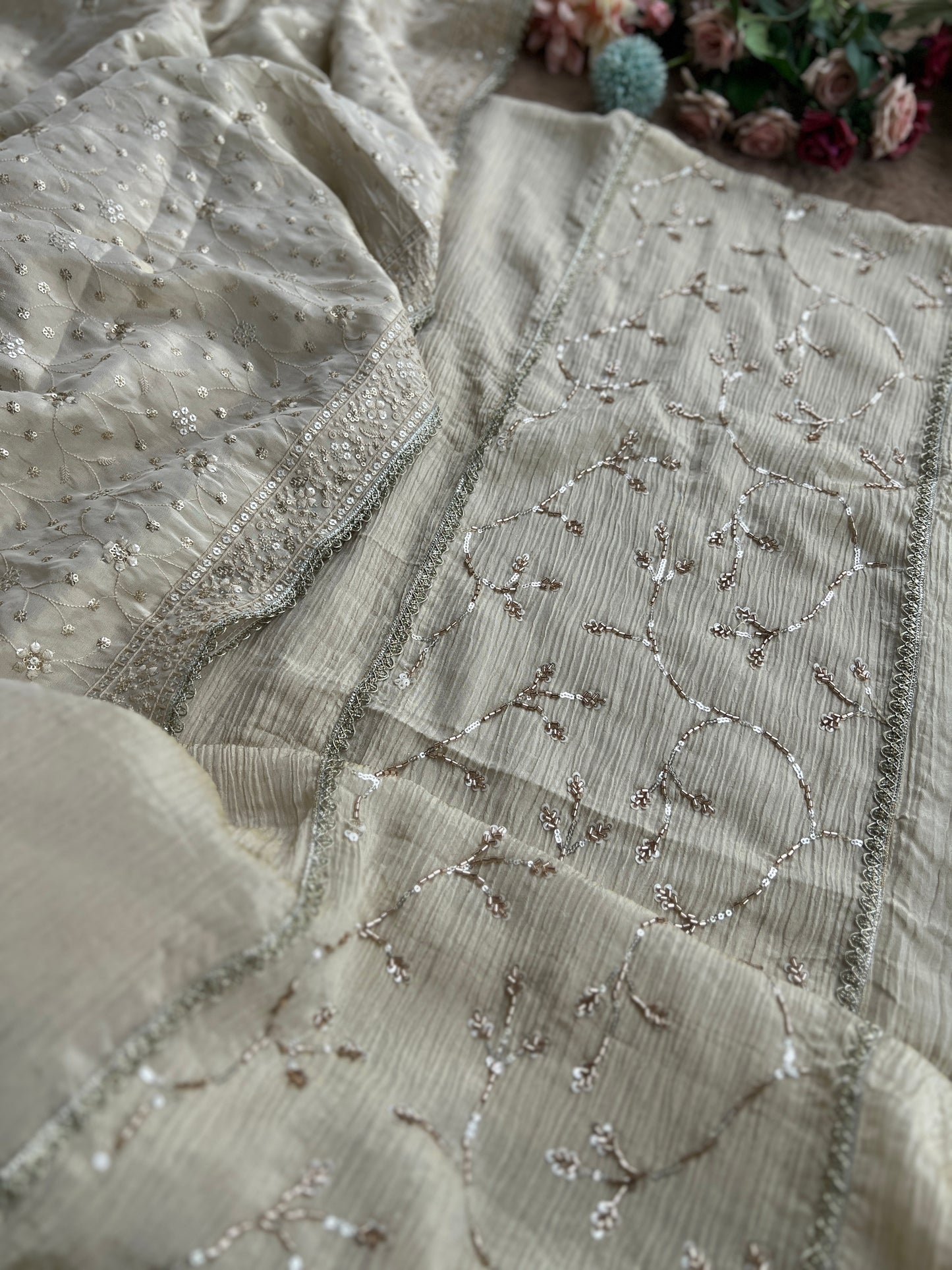Premium Crushed Shimmer Silk Paired with Stunning Chikankari Detail