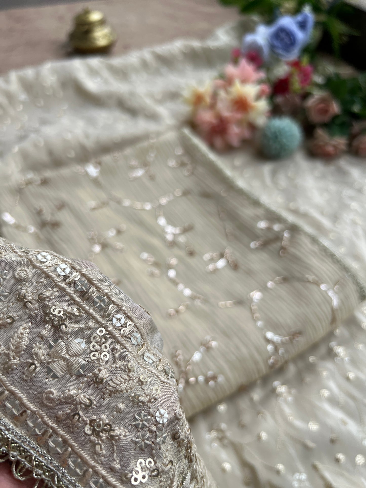 Premium Crushed Shimmer Silk Paired with Stunning Chikankari Detail