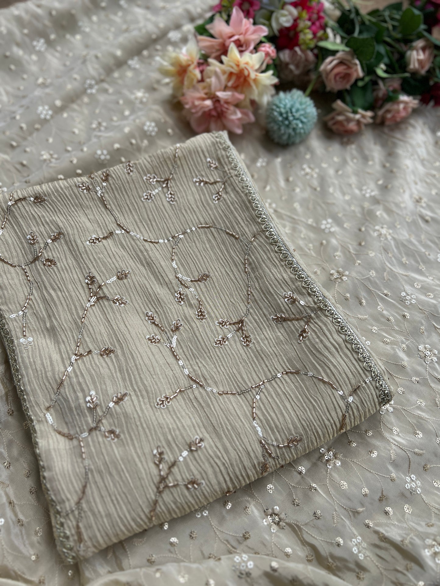 Premium Crushed Shimmer Silk Paired with Stunning Chikankari Detail