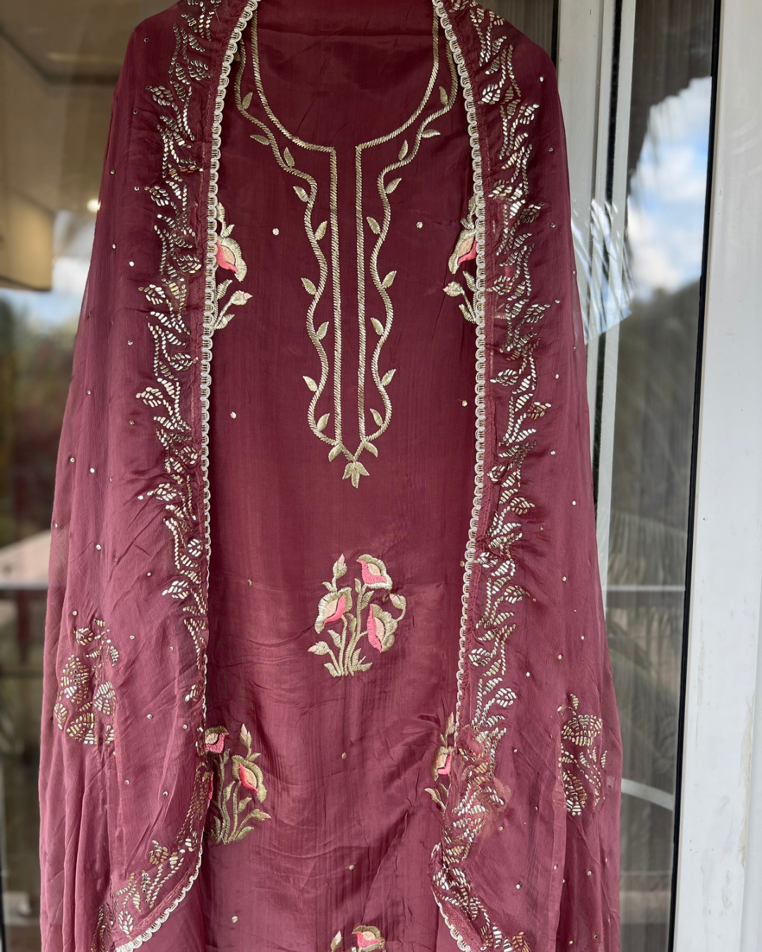 Elegant Crepe Suit with Pitta Embroidery and Mukesh Dupatta