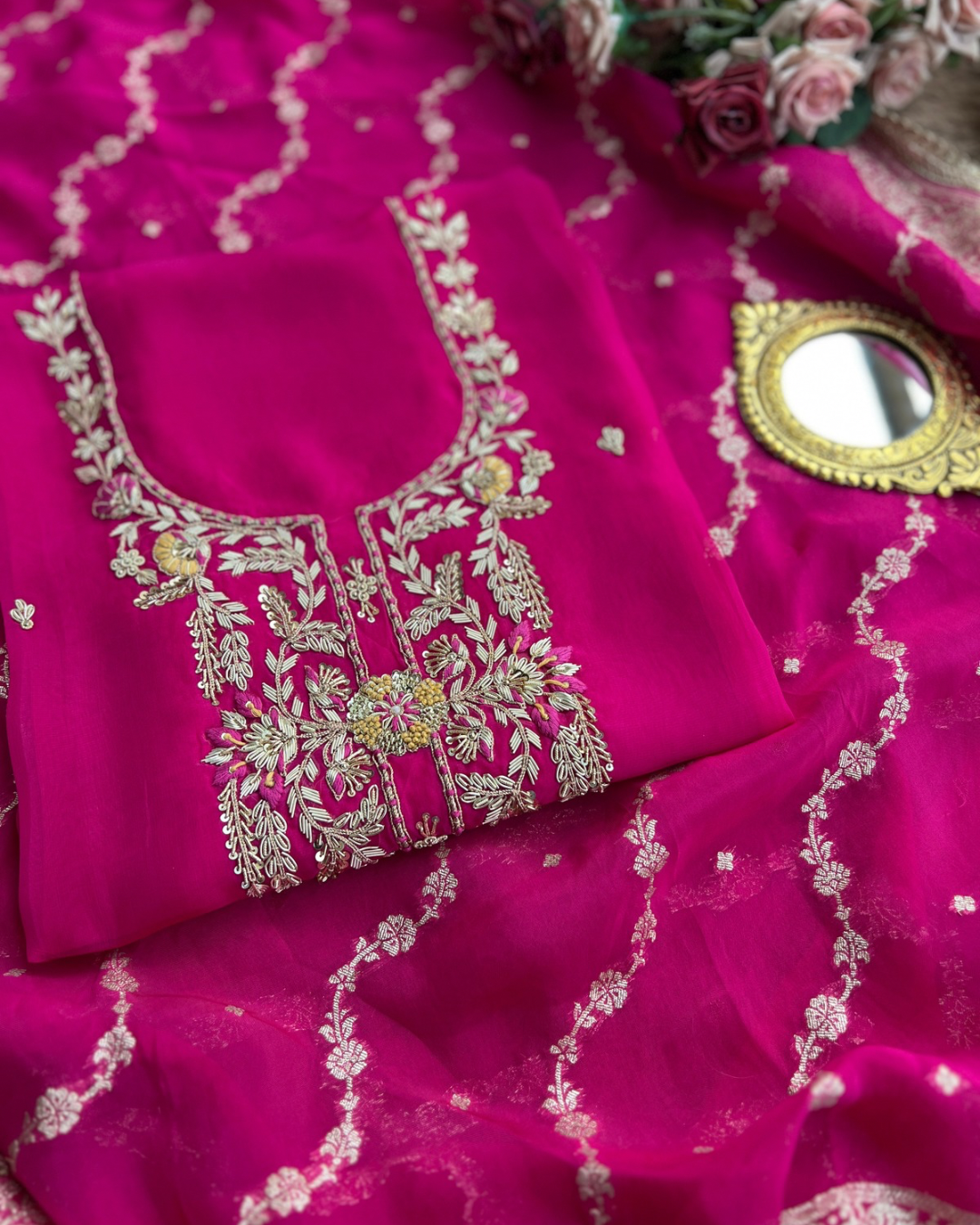 Fuchsia Russian Crepe Suit with Intricate Hand Embroidery & Georgette Banarasi Dupatta