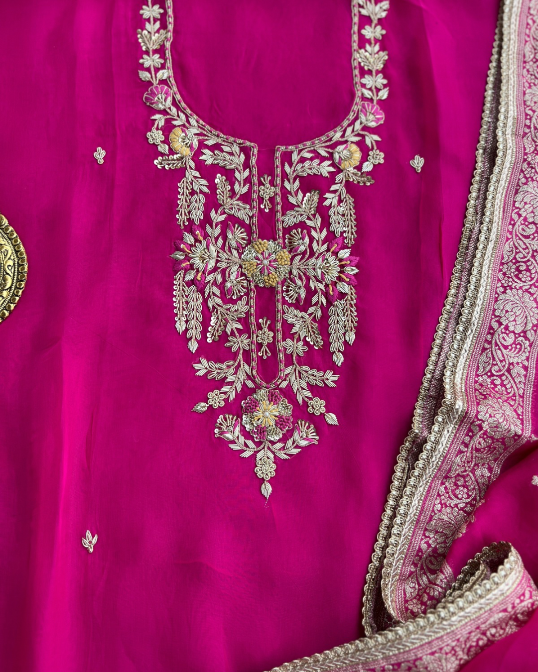 Fuchsia Russian Crepe Suit with Intricate Hand Embroidery & Georgette Banarasi Dupatta