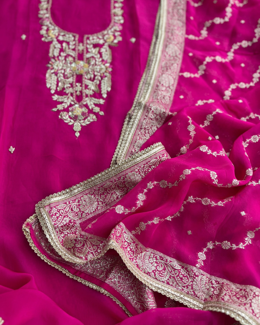 Fuchsia Russian Crepe Suit with Intricate Hand Embroidery & Georgette Banarasi Dupatta