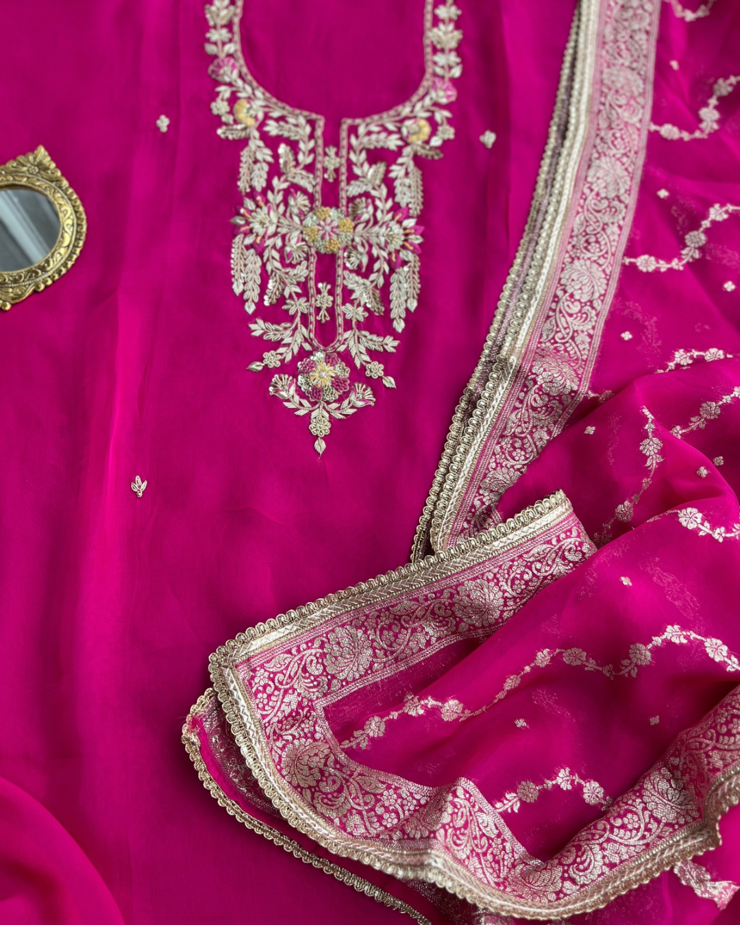 Fuchsia Russian Crepe Suit with Intricate Hand Embroidery & Georgette Banarasi Dupatta