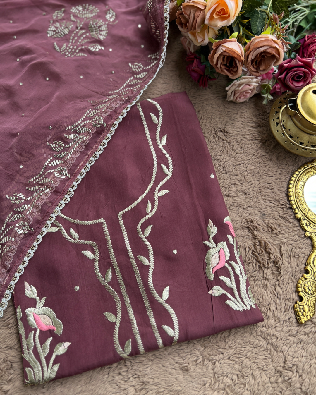 Elegant Crepe Suit with Pitta Embroidery and Mukesh Dupatta