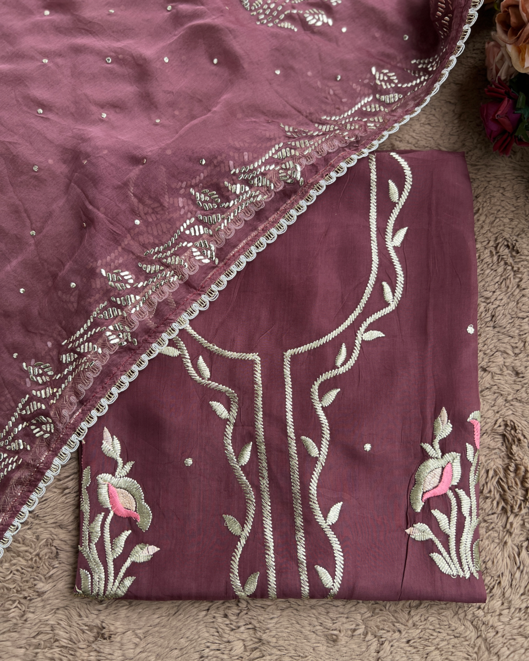 Elegant Crepe Suit with Pitta Embroidery and Mukesh Dupatta