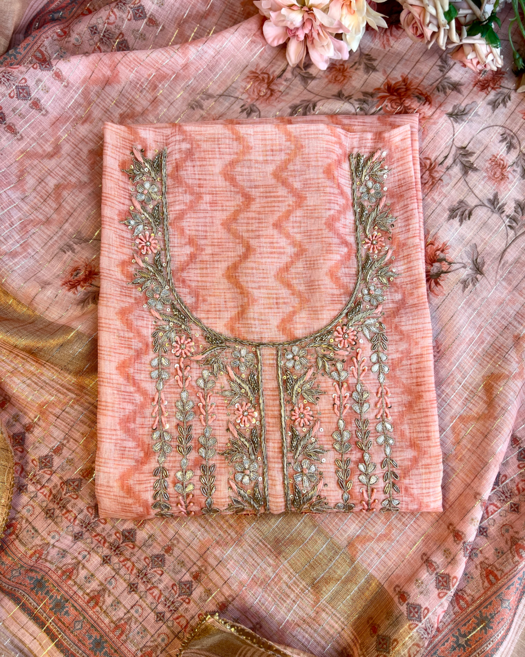 Pastel Glow in Linen with Exquisite Handwork