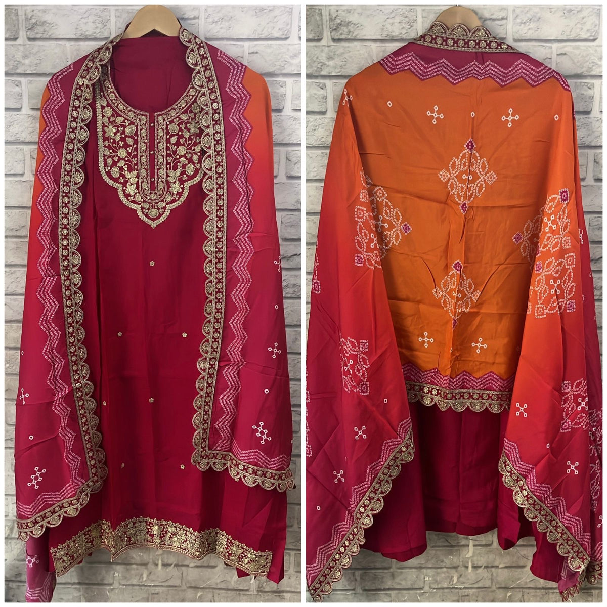 Dori work Russian Silk suit with Bandhani print Dupatta
