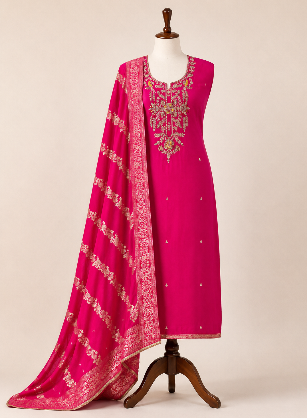 Fuchsia Russian Crepe Suit with Intricate Hand Embroidery & Georgette Banarasi Dupatta