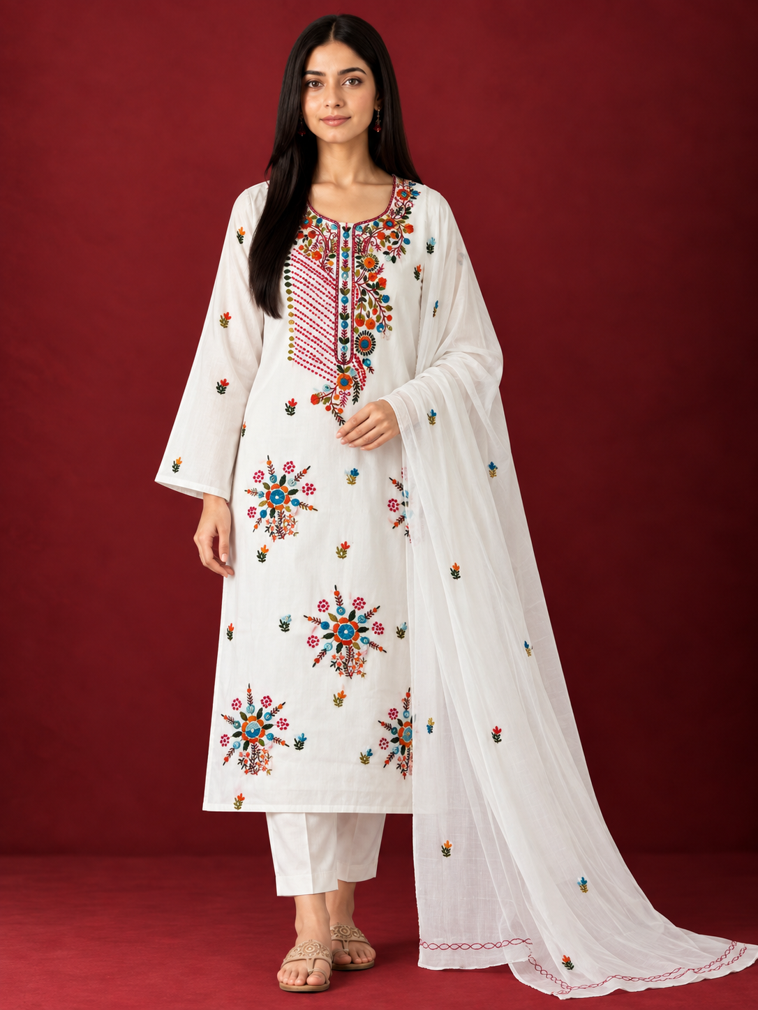 Pure Mul Cotton Hand-Embroidered Suit Set