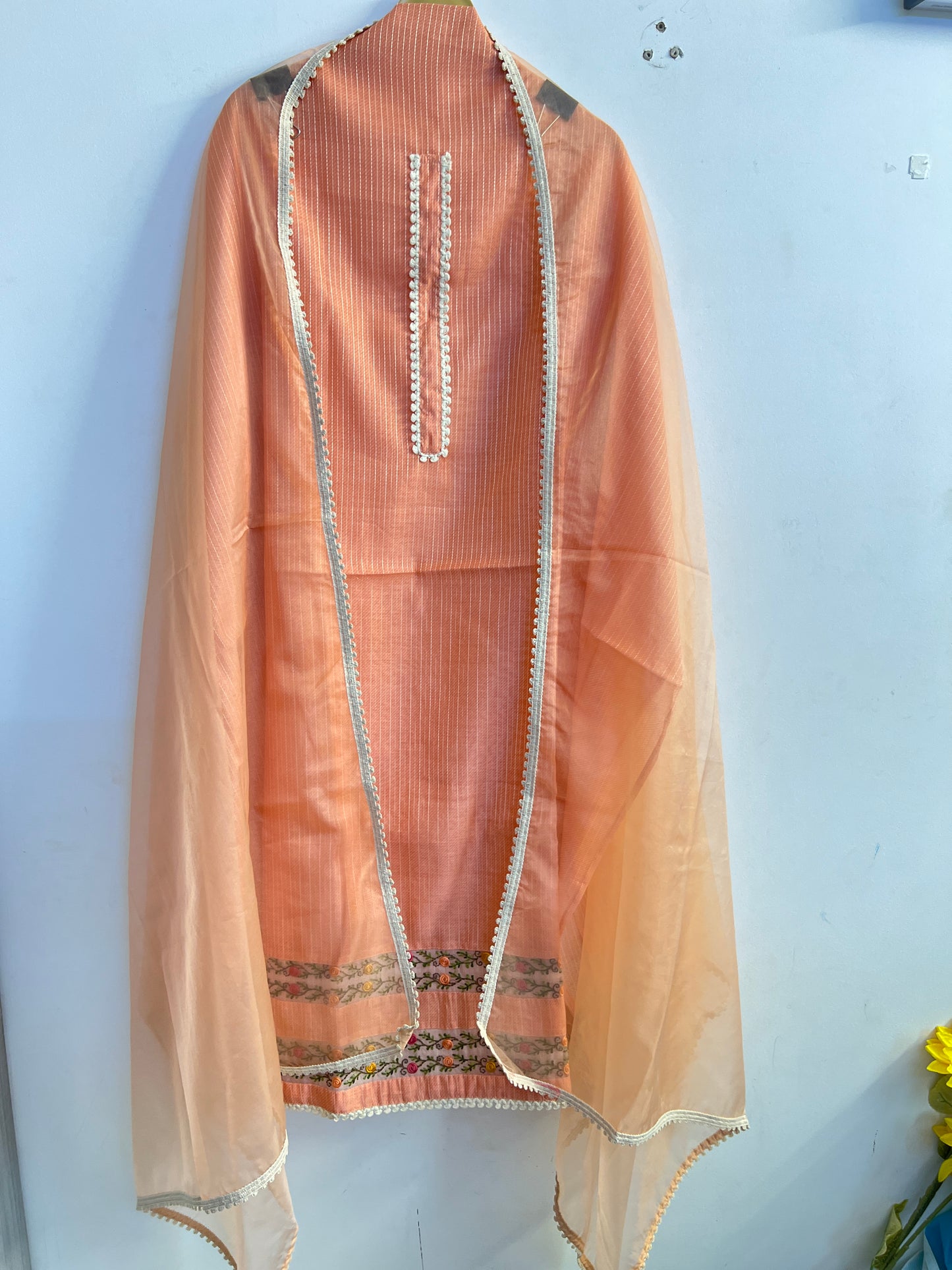Elegant Peach Maheshwari Silk Suit with Hand Embroidery
