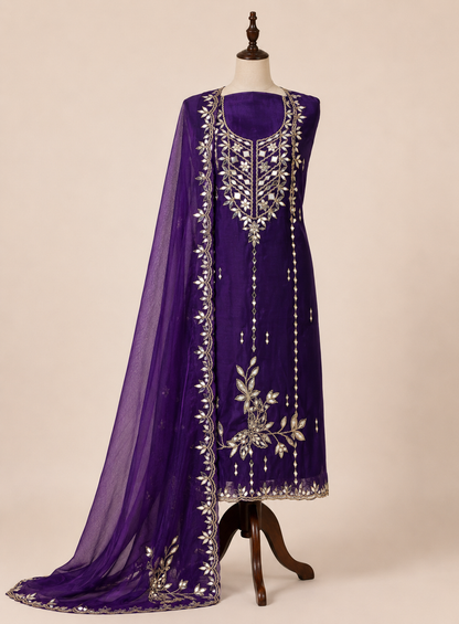 Elegant Satin Shimmer Silk Ensemble with Golden Zari & Real Mirrors