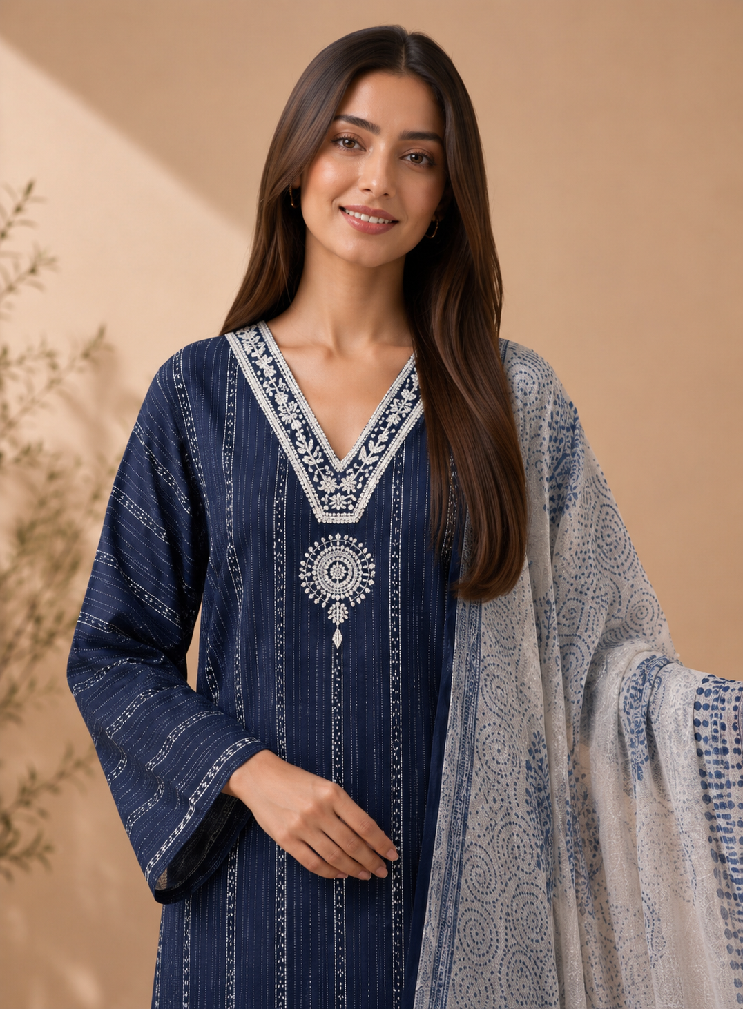 Navy Blue khadi Cotton suit with Handwork & Kota Doriya Dupatta