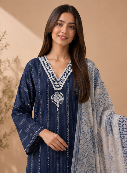 Navy Blue khadi Cotton suit with Handwork & Kota Doriya Dupatta