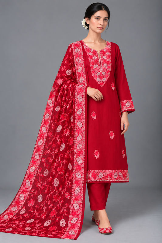 Deep Crimson Modal Cotton Kashmiri Embroidered Suit