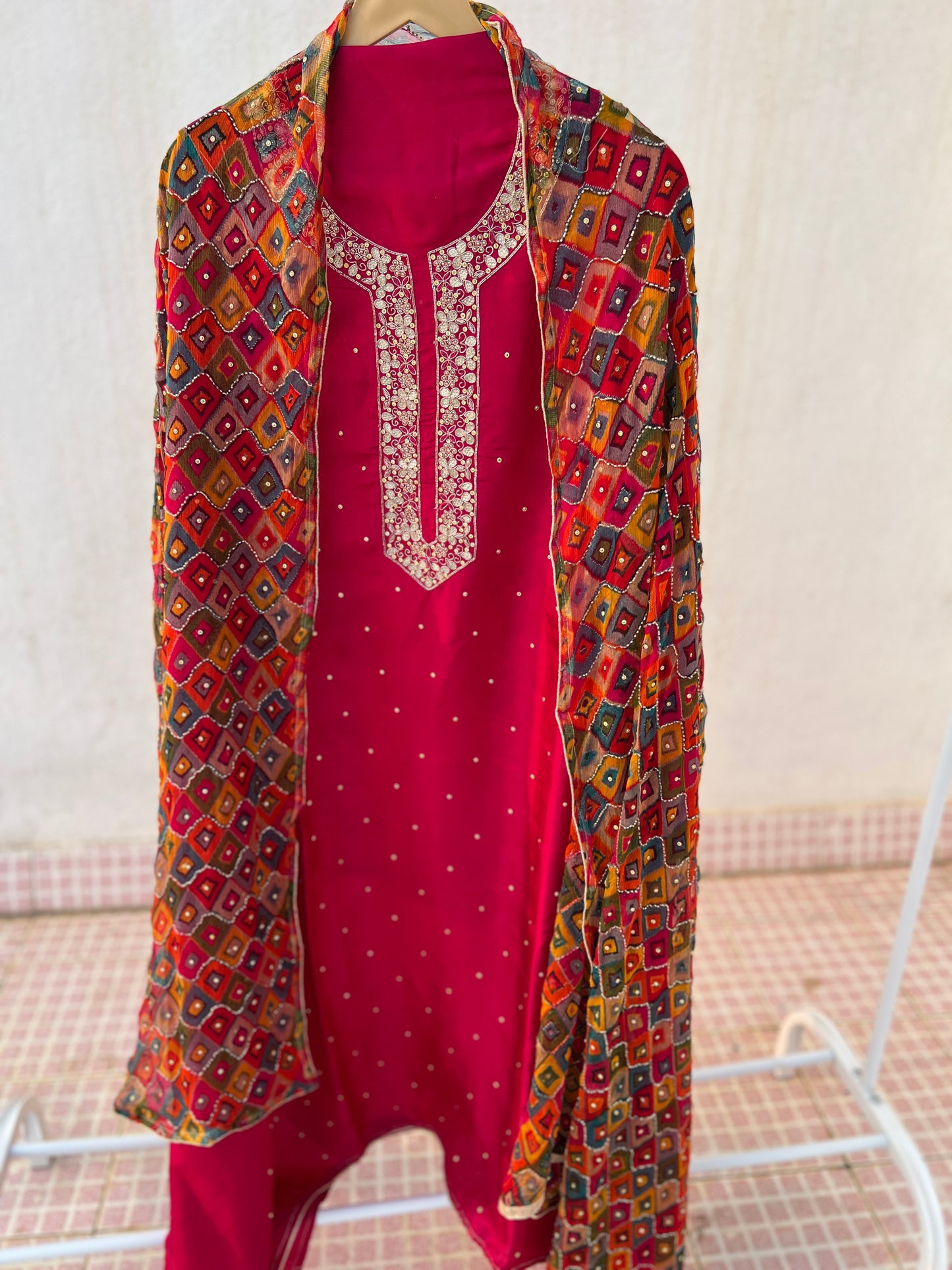 Fuchsia Silk Ensemble with Intricate Hand Embroidery & Chiffon Nanki Dupatta