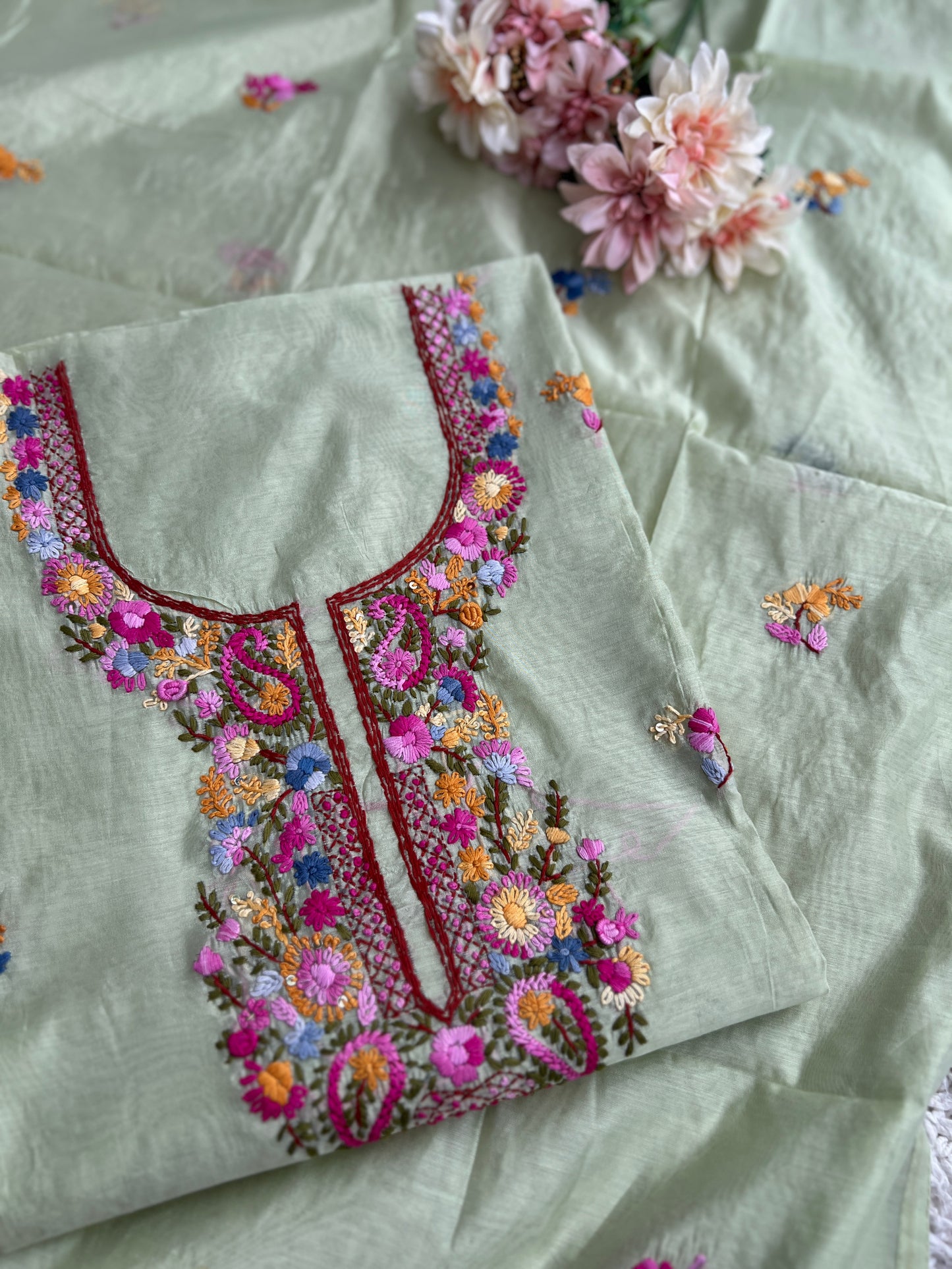 Mint Chanderi Silk Floral Embroidery Set