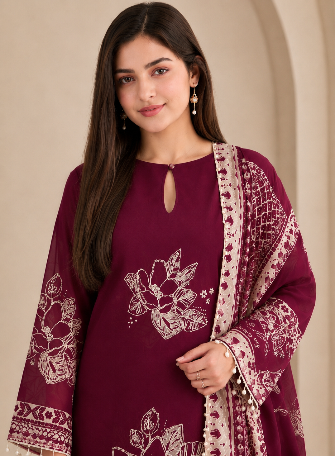 Magenta Muse: Pakistani Semi-Stitched Suit with Seashell Detailing