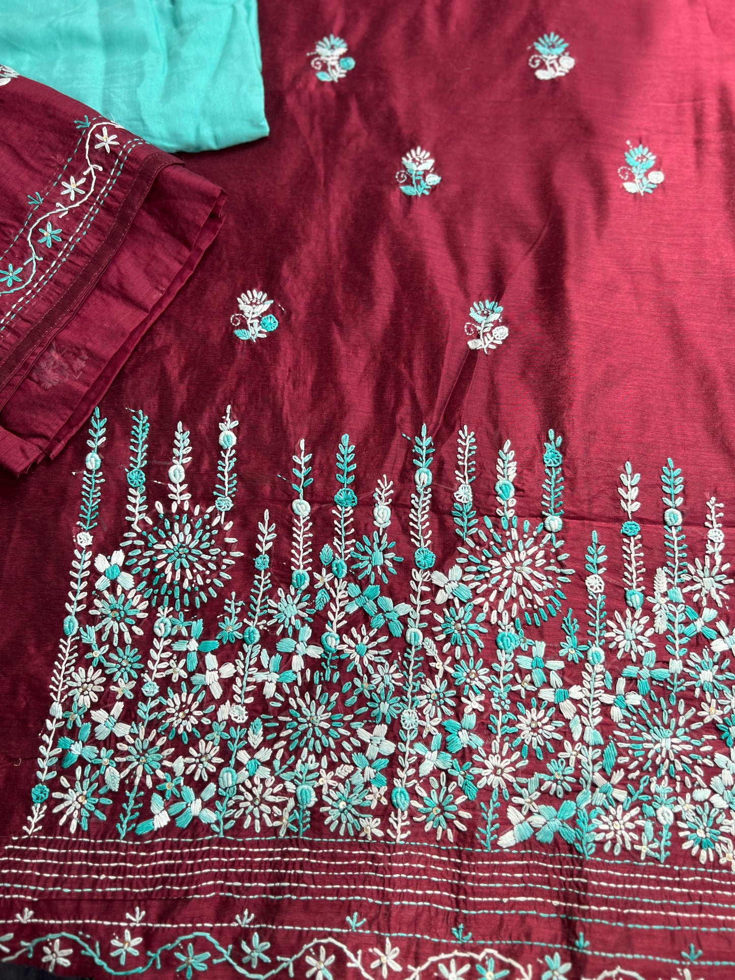 Wine Hand-Embroidered Chanderi Silk