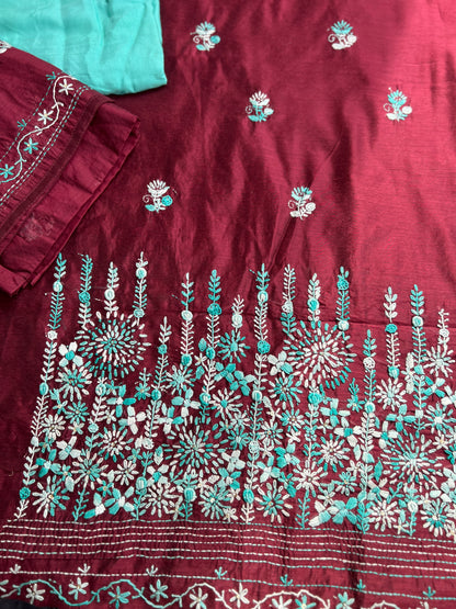 Wine Hand-Embroidered Chanderi Silk