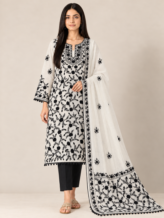 Ivory Black Mal Chanderi Hand Embroidered Suit Set