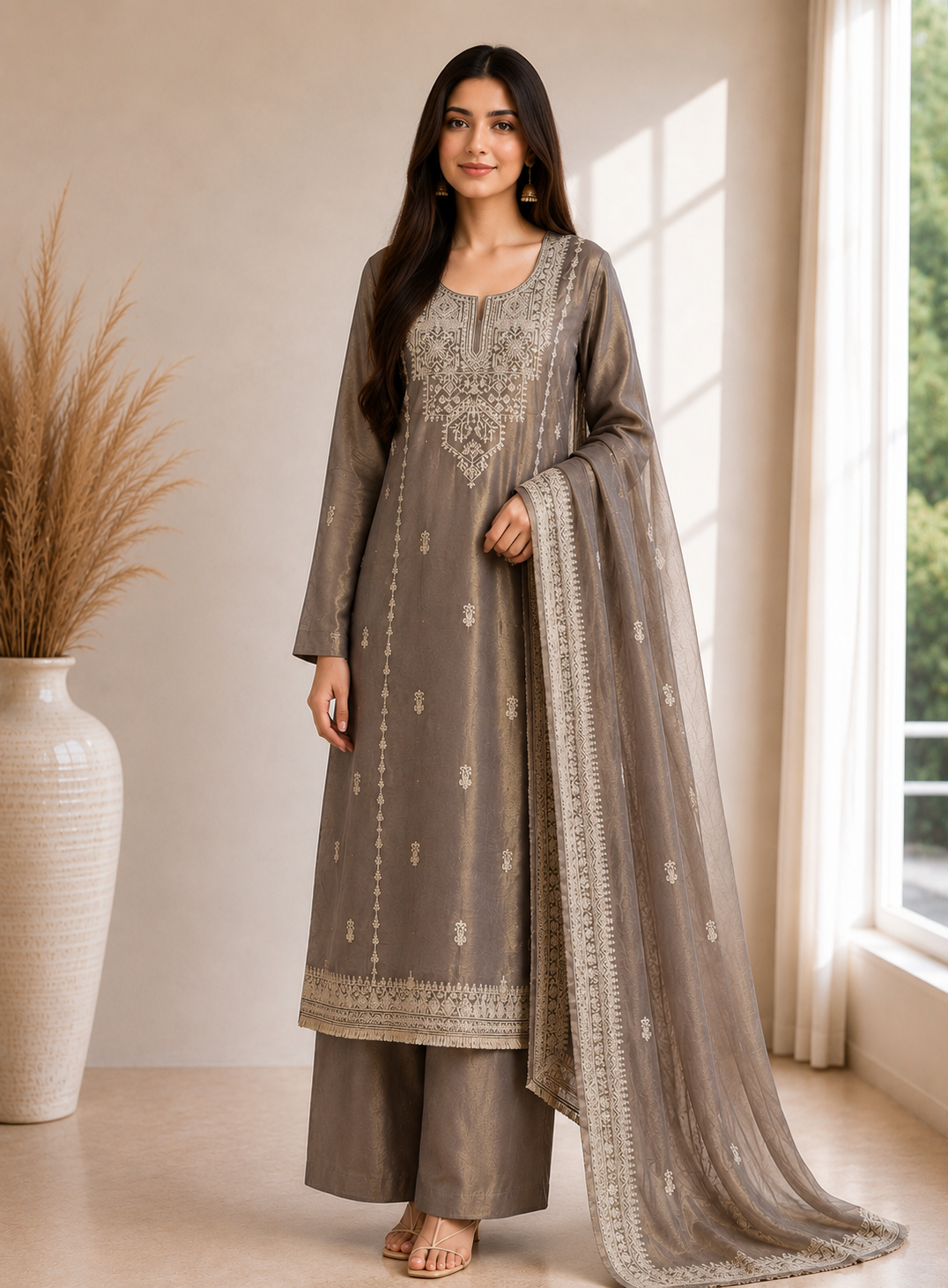 Luxe Shimmer Silk with Lace & Embroidered Detailing