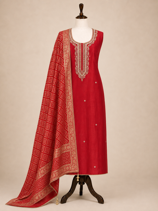 Red Chanderi Suit Set Potli Edition