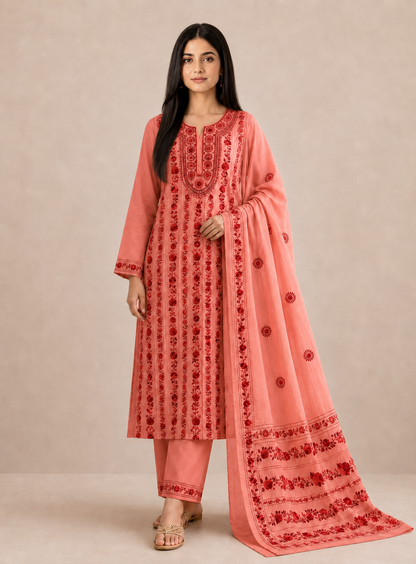 Coral Crimson Hand-Embroidered Suit Set