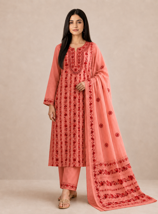 Coral Crimson Hand-Embroidered Suit Set