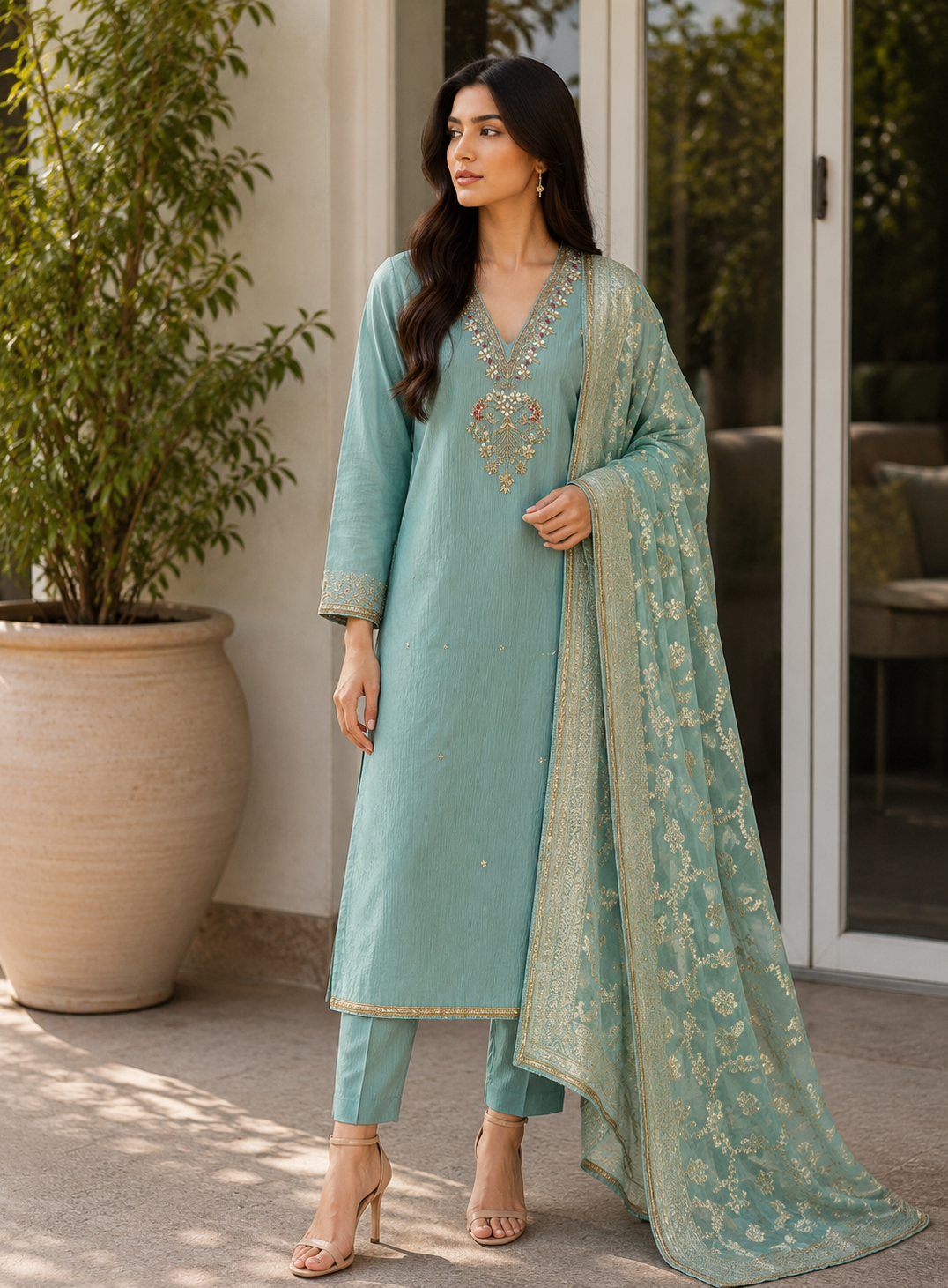 Soft Glow – Handworked Crushed Shimmer Silk Suit