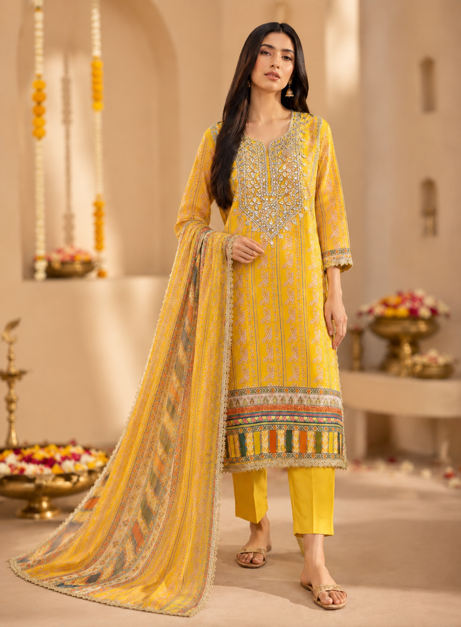 Floral Printed Crepe Gotapatti Suit with Chiffon Dupatta Ensemble