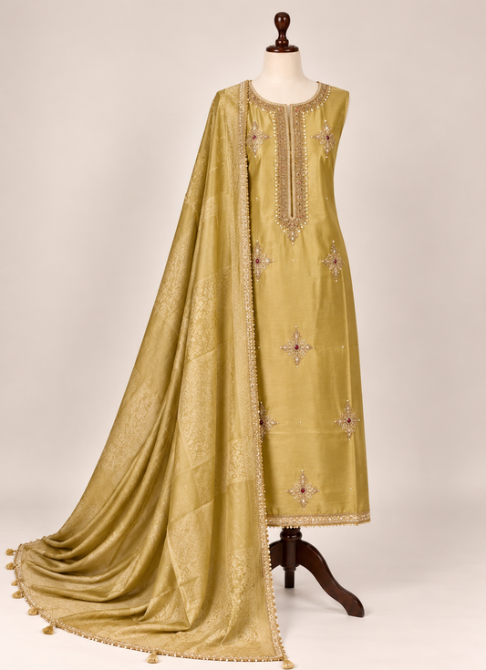 Golden Grace-Handcrafted Elegance with  Banarasi Dupatta