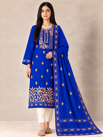 Blue Hand-Embroidered Chanderi Silk