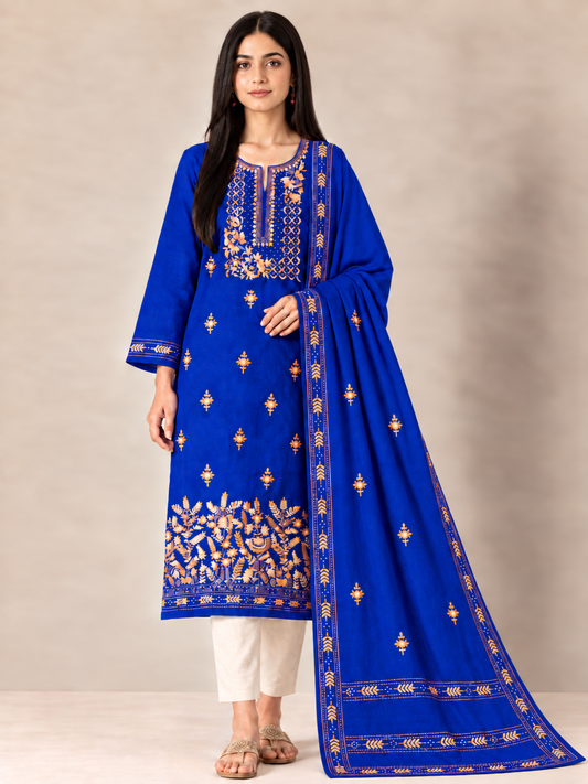 Blue Hand-Embroidered Chanderi Silk