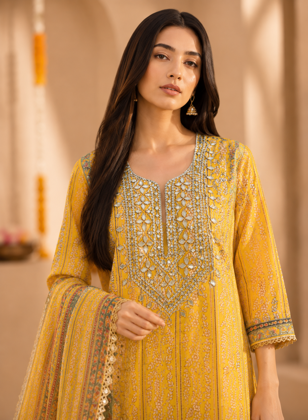 Floral Printed Crepe Gotapatti Suit with Chiffon Dupatta Ensemble